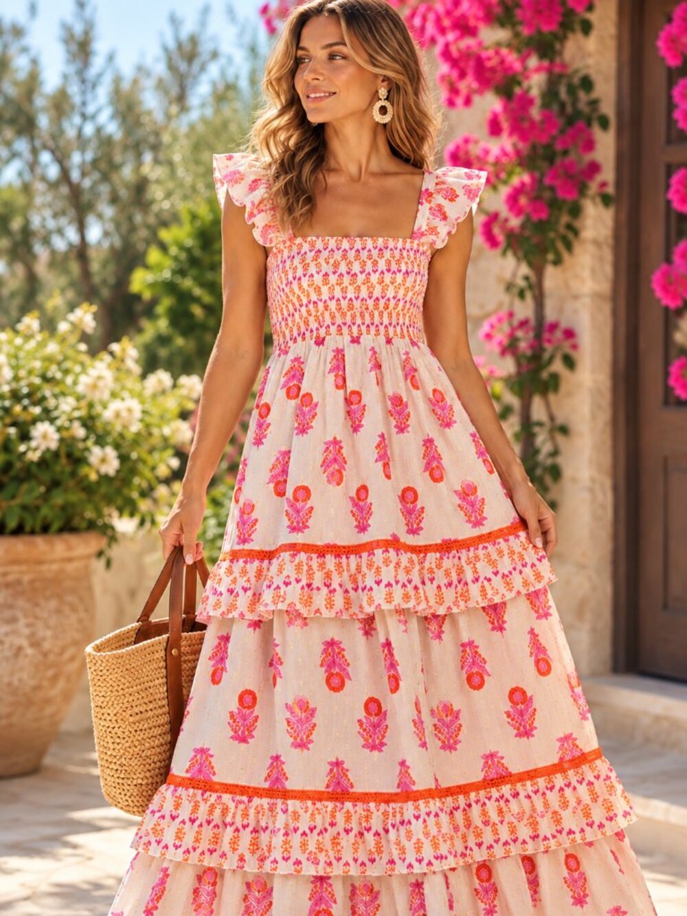 Calypso St. Barth Floral Metallic Cotton Smocked Tiered Maxi Dress NWT